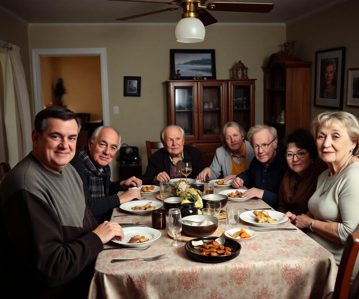 Several generations of a family gathered around a dinner table at home