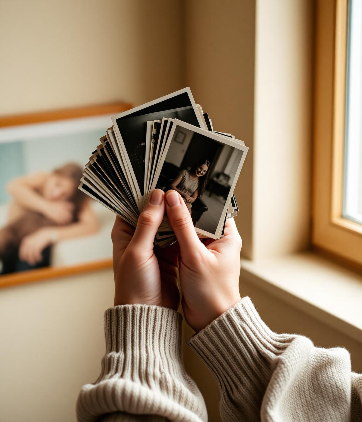 Hands holding a small stack of old family photographs