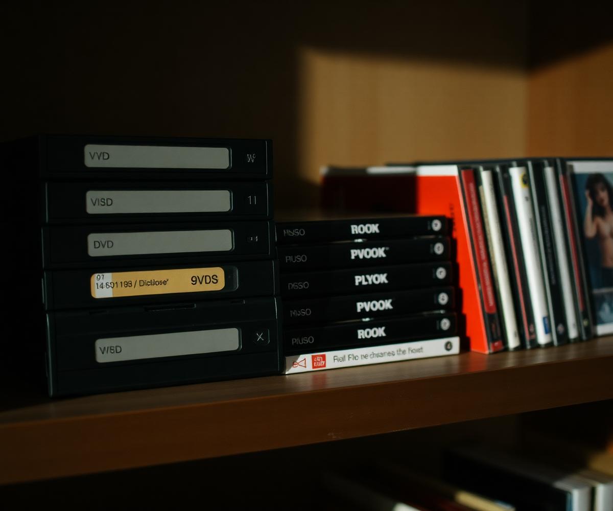 A stack of old VHS tapes and DVDs beside photo albums on a shelf